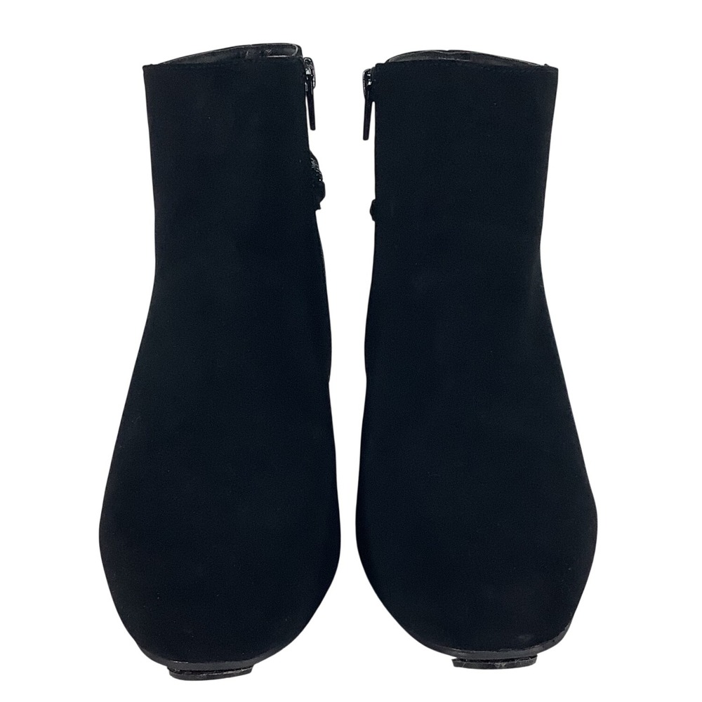 London Fog Joplin Black Suede Ankle Boots Rhinestone Strap Block‎ Heel Size 8.5